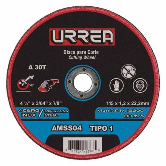 Disco abrasivo tipo 1 p/acero inox 4-1/2x1/16 uso gnrl URREA AMSS04A