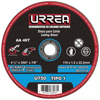 Disco abrasivo tipo 1 p/acero inox 4-1/2x3/64 mega pesado URREA U750